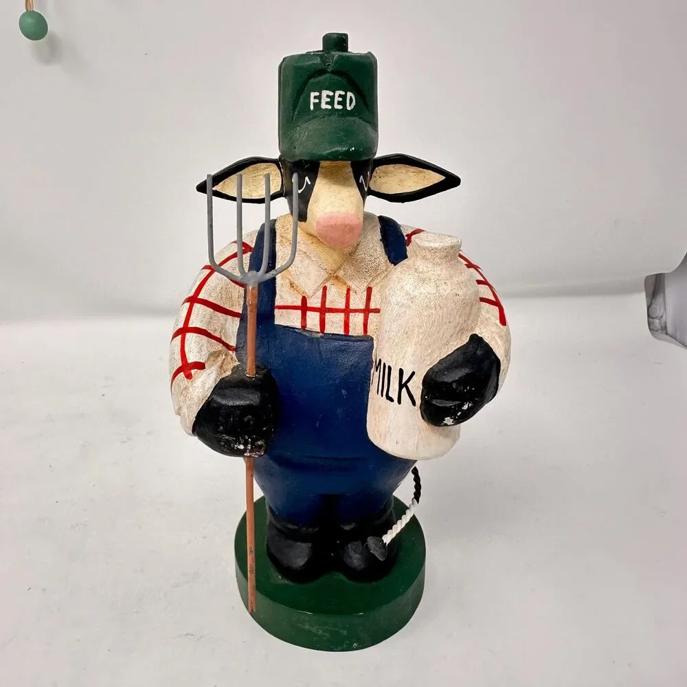 Vintage Country Cow Decor Lot Wooden Jumping Jack Bowed Metal Farmyard Figurines